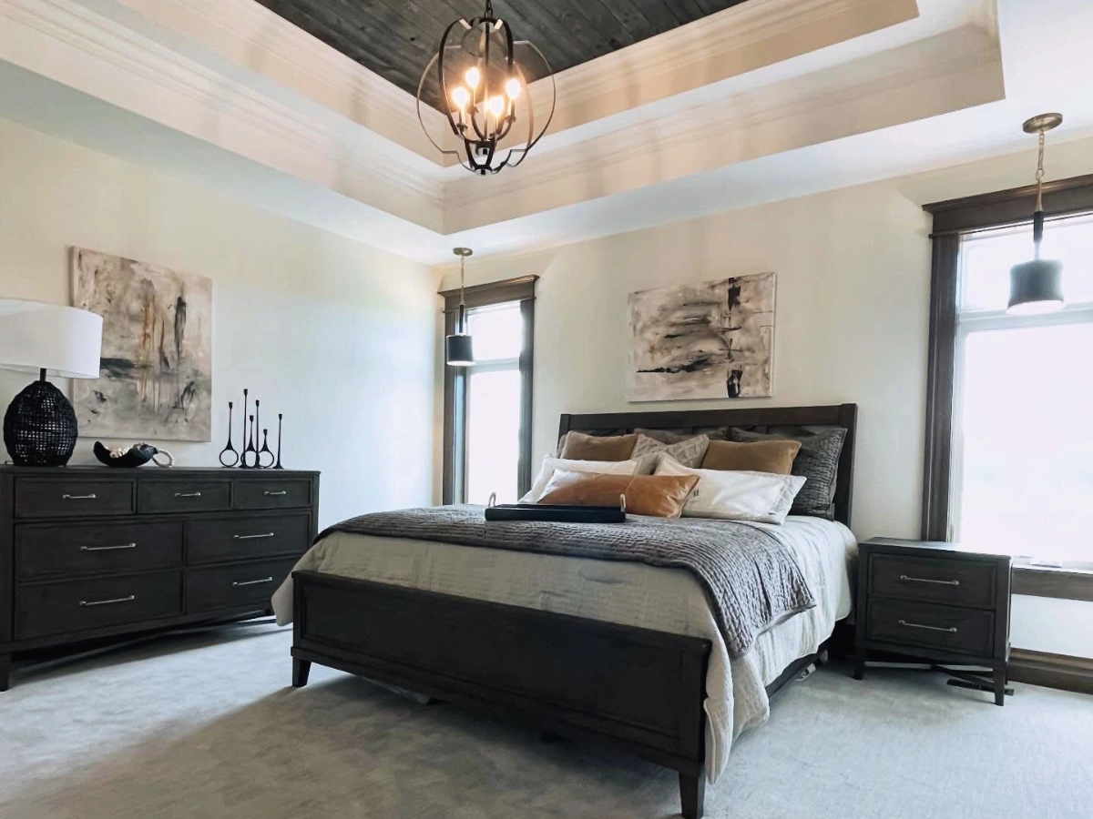 Completed bedroom with new windows and lighting