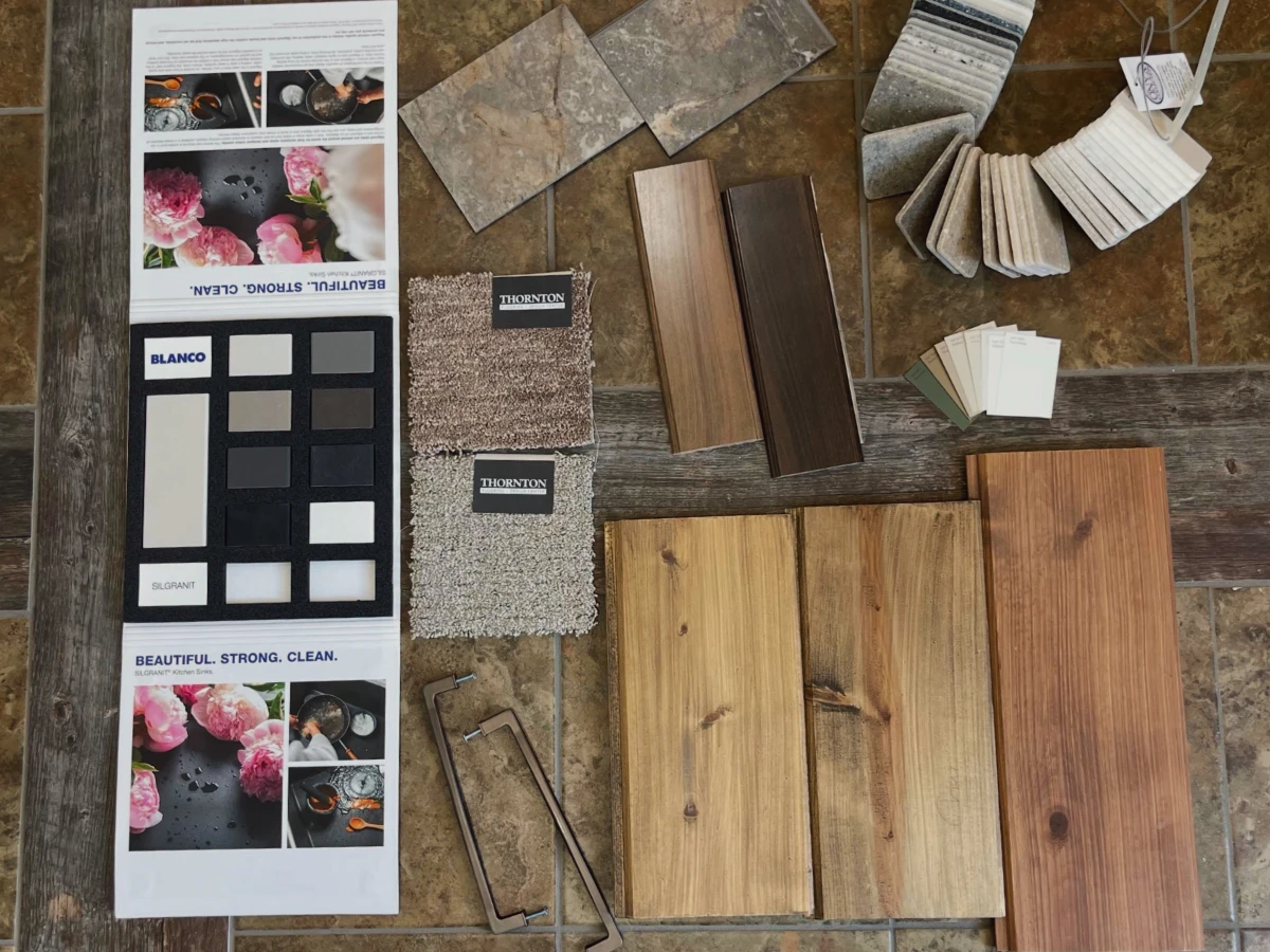 Samples of wood stains, countertops, and flooring